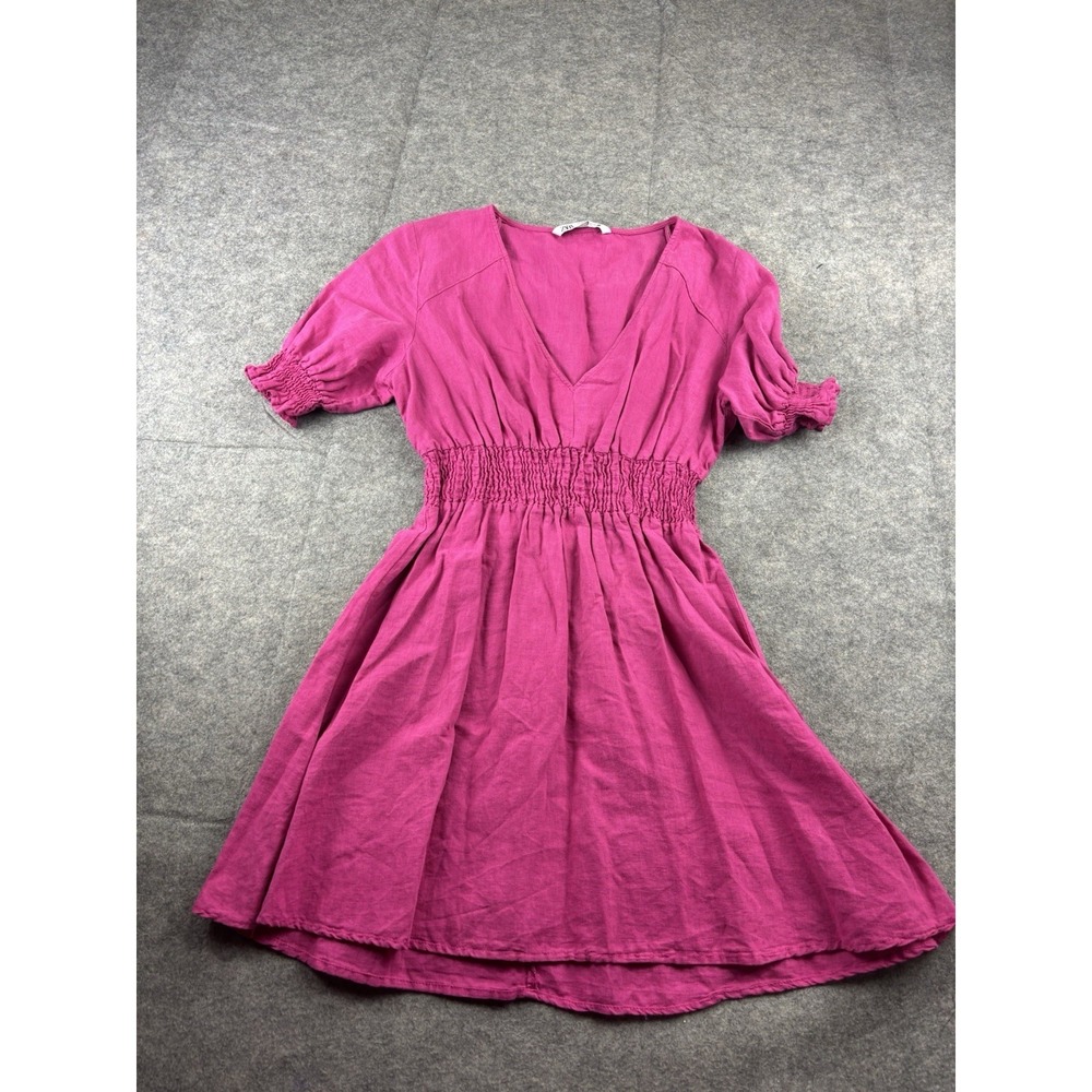 Zara Dress Linen Blend Short Sleeve Smocked Waist Tiered Ruffle Hem Pink Women M